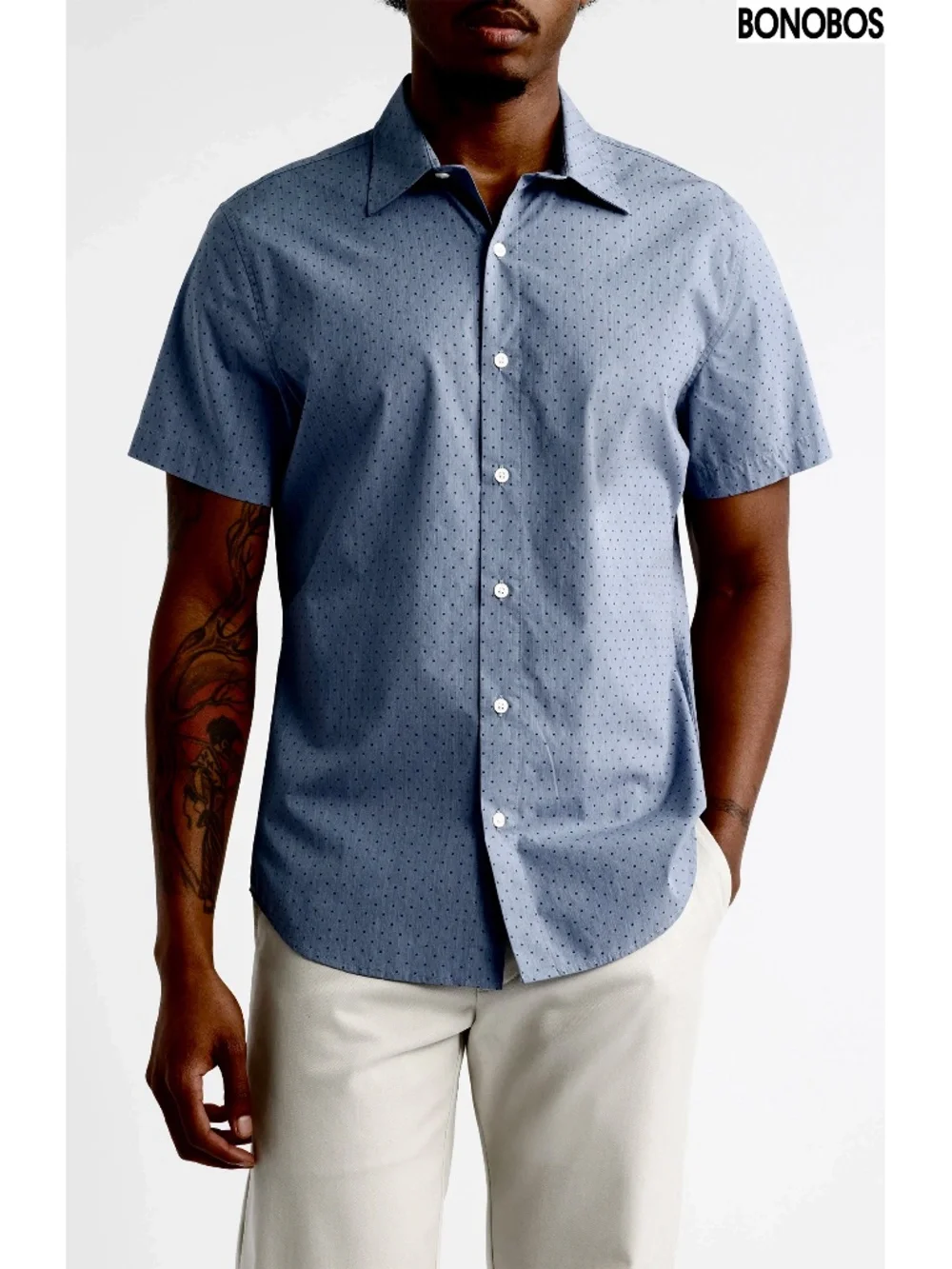 BONOBOS NWT RIVIERA SHORT SLEEVE NAVY SALT POND DOT COTTON SHIRT. SIZE L